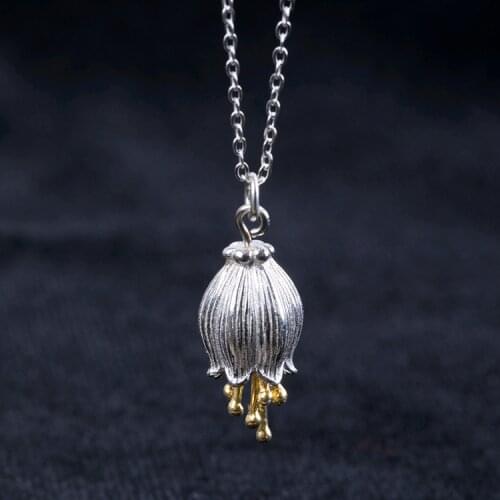 Necklaces 100% 925 Sterling Silver Golden Campanula Flowers Necklaces & Pendants For Women Creative Elegant Lady Fashion Jewelry