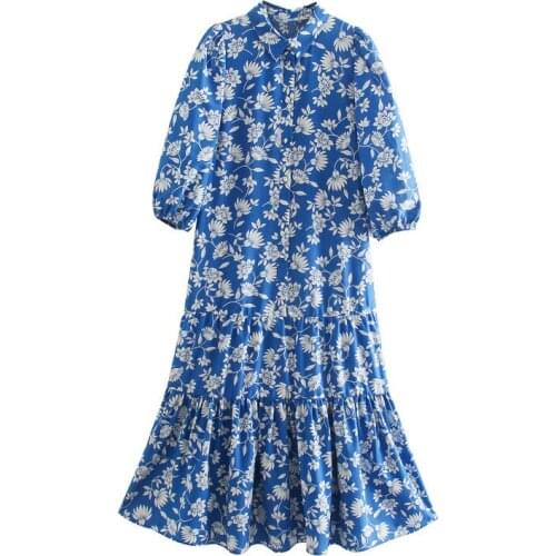 2021 Summer Women Blue Floral Print England Style Dress Puff Short Sleeve Ladies Midi Dresses