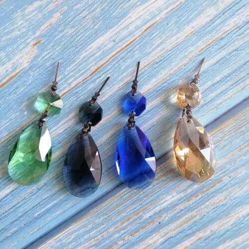 Camal 10pc 38mm Teardrop Crystal Pendant Lamp Prism Chandelier Suncatcher Lighting Parts w/ Octagon Beads w/ Bronze Bowtie Pin