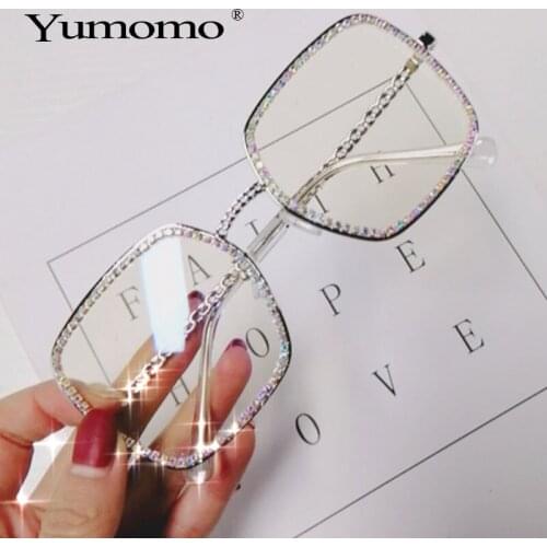 Fashion Square Flat Light Diamond Sunglasses Women Square Luxury Crystal Clear Eyeglasses Vintage Big Frame Female Glasses