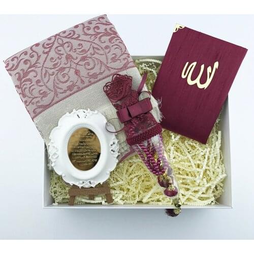 Burgundy Color Prayer Frame, Yasin-i Sheriff, Rosary, Prayer Rug Gift Box