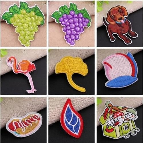 Cartoon Dogs Flamingo Patches Grape Maple leaves Appliques Colorful Food Iron On Clothes Sewing DIY Decoration Clothes Stickers