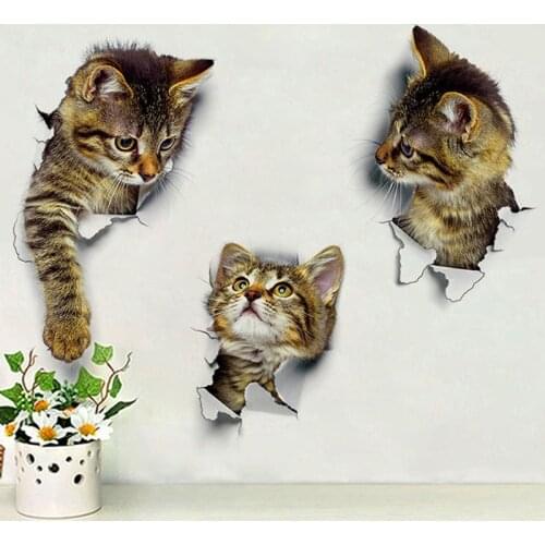 Newest Home Decor Cats 3D Wall Stickers Hole View Toilet Sticker Cat Home Decoration PVC Wall Decals Removable Art Wallpapers