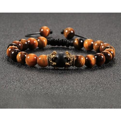 New Natural Stone Tiger Eyes Beaded Braid Bracelet Men Women Double Crown Bracelets Bangles Rope Prayer Male Jewelry Couple Gift