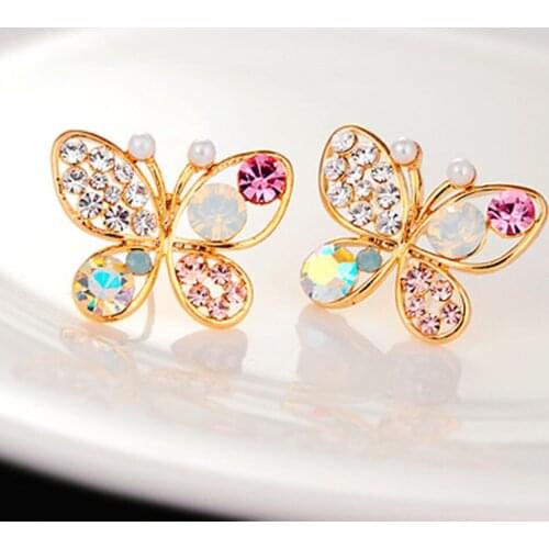 New Korean Luxury Hollow Shiny Colorful cystal Simulated Pearl Butterfly Stud Earrings
