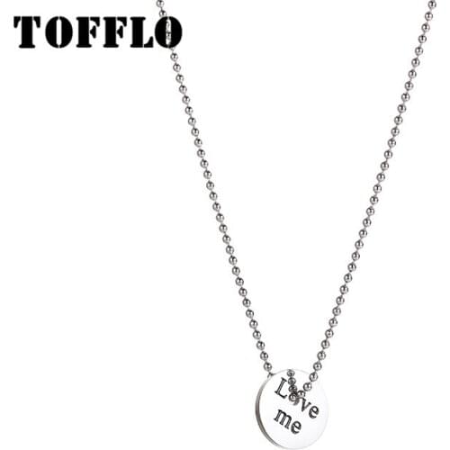 TOFFLO Stainless Steel Jewelry Black Letter Geometric Round Brand Hollow Pendant Necklace Womens Bead Chain BSP959