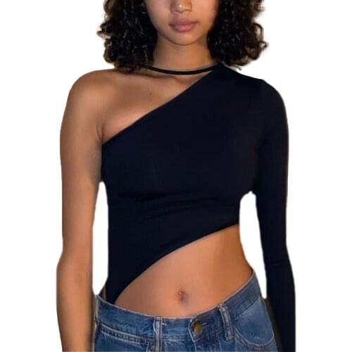 Womens One Shoulder Strap Top, Sexy Long Sleeve Solid Color Slim Fit Irregular Hem Blouse