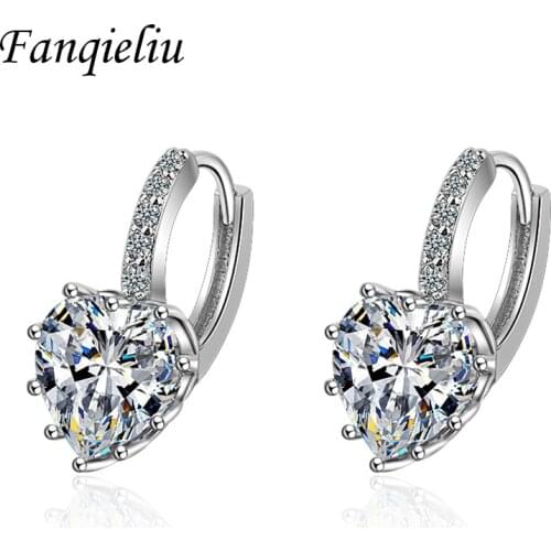 Fanqieliu 925 Sterling Silver Candy Color Crystal Heart Hoops Girl Gift Wedding Jewelry Cute Hoop Earrings For Women FQL20150
