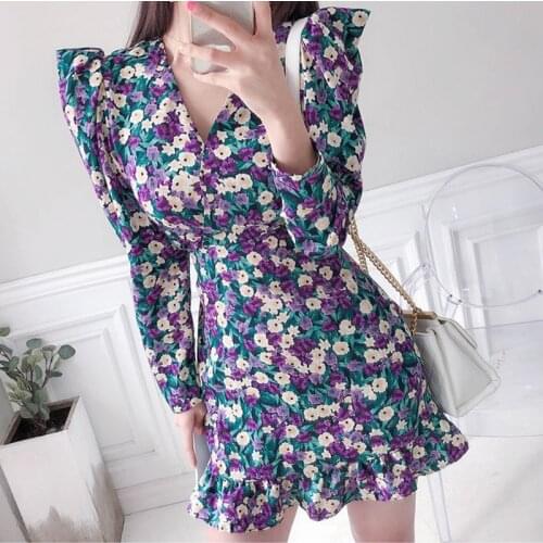 New arrival fashion beach dress women elegant summer vintage puff sleeve v-neck temperament purple floral slim mermaid dress