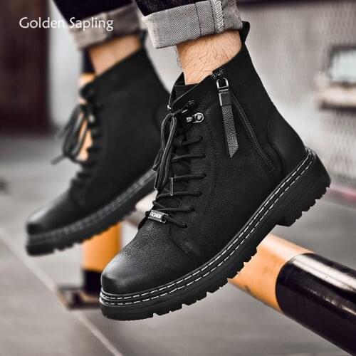 Golden Sapling Motorcycle Boots Men Fashion Genuine Leather Casual Shoes Comfortable Platform Classic Mens Boots Retro Footwear