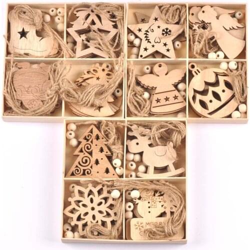 1Box(20Pcs) Christmas Wooden Pendants Santa Claus Angel Star Wood Slices Hanging Ornaments Xmas Tree Party DIY Home Decor Gifts
