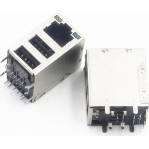 20pcs/Lot RJ45 Dual USB 90 degree shielding Network socket RJ45 Connector With LED