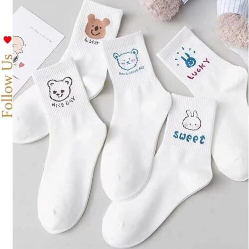 5 pairs of cute cartoon socks, cotton socks, white brown bear socks