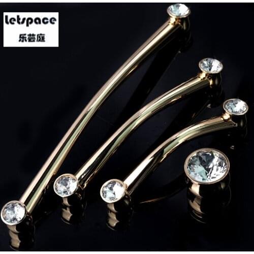 96/128/192mm Free Shipping Luxury Furniture Handles Gold Crystal Kitchen Cabinet Wardrobe Door Pulls Cupboard Dresser Knobs 2pcs