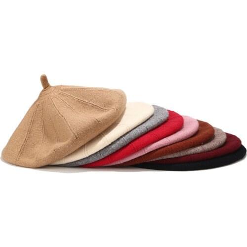 2021 Women Korean New Double-sided Wool Knitted Beret Female Japanese Literature Art Small Fresh Painter Cap Simple Beret Hat