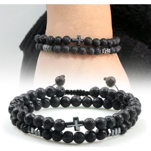 2pcs Men Beaded Bracelets 6mm Black Lava Rock Tiger Eye Stone Charm Cross Strand Bracelet Healing Chakra Wrist Jewelry Pulsera