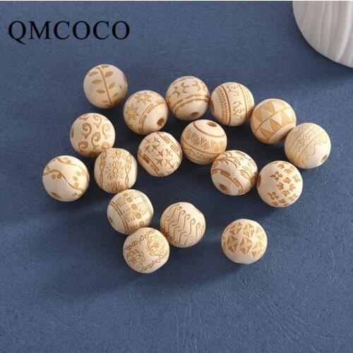 DIY 20Pcs Multiple Styles Natural Color Carved Wooden Ronud Beads Custom Fashion Crafts Kid Toys Jewelry Bracelet Accessories