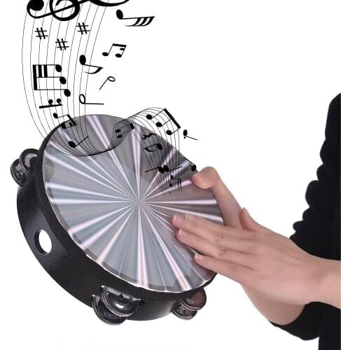 8"/ 10" Wooden Radiant Tambourine Handbell Hand Drum with Double Row Jingles Reflective Drum Head Percussion Instrument Toy Hot