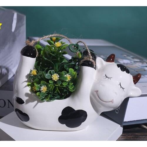 Home Garden Cartoon Cows Animal Succulent Flower Pot Wall Hanging Ceramic Large Diameter Container Flower Pot Home Decoration