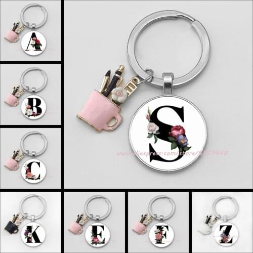 Thanksgiving enamel pen holder Teachers Day gift keychain, convex glass round A-Z letter keychain accessories giftfor friend