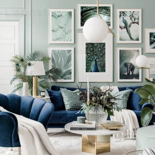 Beautiful Peacock Canvas Painting Landscape Home Decoration Elephant Wall Picture for Living Room Mint Green Posters and Prints