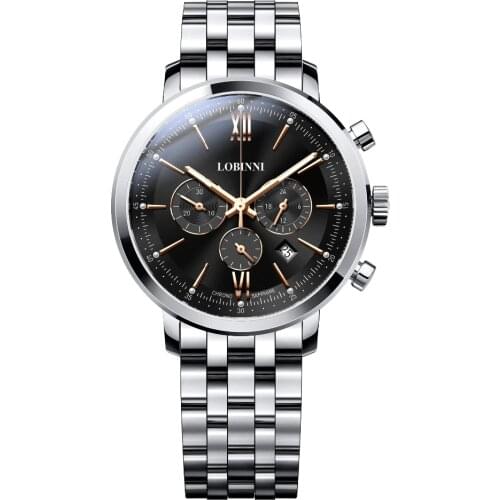 LOBINNI Mens Business Sport 50M Waterproof Steel Strap Fashion Triple Windows Chronograph Dial Quartzl Wrist Watch With Sapphire