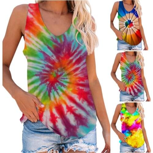 New fashion tie dye print sleeveless vest casual round neck womens top 2021 summer free shipping womens wear,топик женский