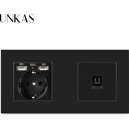 UNKAS 3 Colors Plastic Panel EU Standard Electric Socket with 2 USB + 1 Gang RJ45 Internet Jack CAT5E Connector 172*86mm Outlet