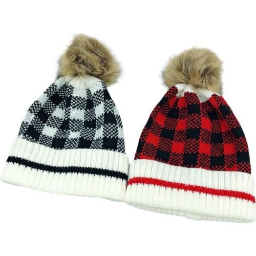 Xmas Family Hat Autumn and Winter Christmas Warm Comfortable Plaid Pompom Knitted Cap for Adults and Children