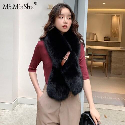 MS.MinShu Luxury Fox Fur Scarf with leather belt Big Size Natural Fox Skin Scarf Fox Fur Shawl Winter Women Stole