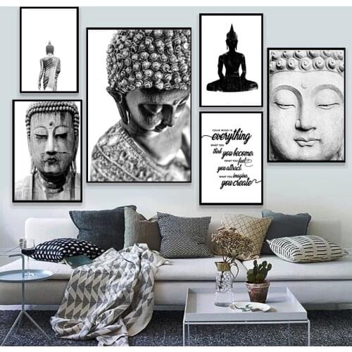 Buddha statue quotes wall art canvas painting black and white wall posters and prints for living room home decoration pictures