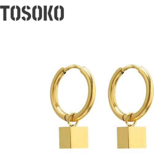 TOSOKO Stainless Steel Jewelry18 K Gold Square Earrings Womens Fashion Three-Dimensional Geometric Small Square Earrings BSF505