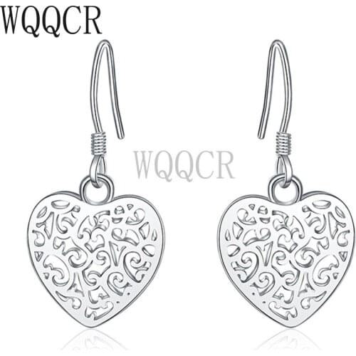 WQQCR Hot Sale 925 Silver Color Fashion Earrings Hollow Heart Shape Earrings Jewelry Lady Wedding Party Earrings