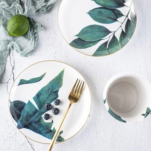 Nordic 8-inch Ceramic Plate Green Planting Plate Breakfast Snack Plate Living Room Dessert Plate Green Plant Series Tableware