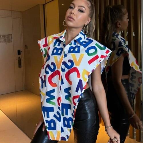 FUFUCAILLM Fashion Letter Print Shirt Women Lapel Sleeveless Side Split Irregular Button-up Hem Casual Party Tops Shirt 2021