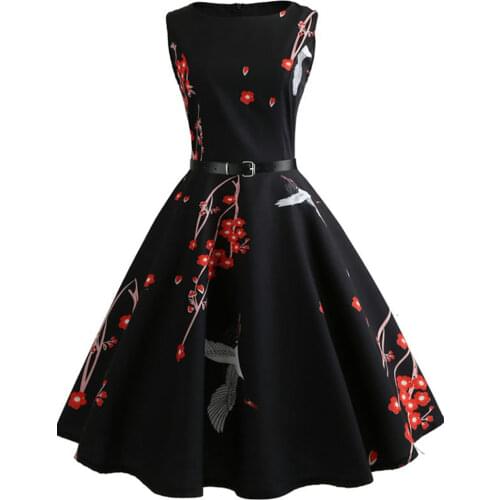 Floral Printed Women Summer Dresses 2020 Elegant O-neck Sleeveless Tank Robe Vintage Rockabilly Dress Pinup Swing with Belt