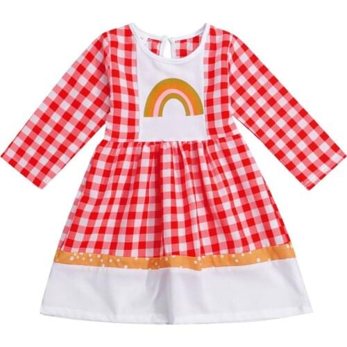 2021 0-5Y Sweet Toddler Girls Dress Rainbow Print Patch Red Plaid Long Sleeve O Neck A-line Long Dress Spring Fall For Party