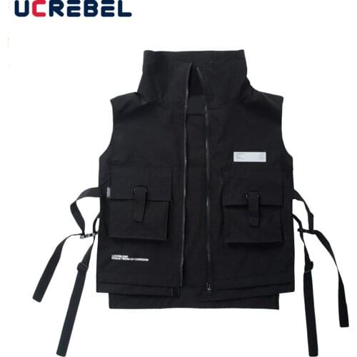 Multi-Pocket High Collar Game Vest Mens Functional Tactical Vest Streetwear Loose Sleeveless Cargo Jacket Men