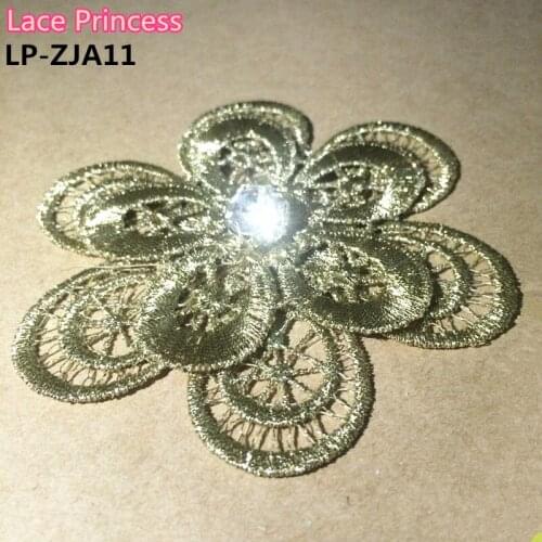 5 PCS 8.5X8.5CM Rhinestones gold 3D lace flower applique embroidered flowers patch clothes DIY Garment dress accessories ZJA11
