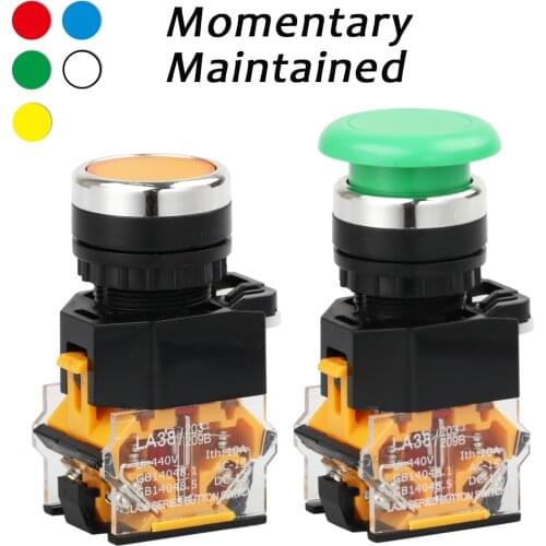 22mm Flat Mushroom Push Button Switch Push Self Auto Spring Return Lock Latching Fixed Maintained 1NO1NC Contact Button LA38