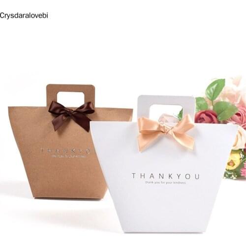 White Merci Thank You Gift Packaging Candy Kraft Paper Bag Wedding Dragee Gift Box Cake Baby Shower Paper Bags with Handles