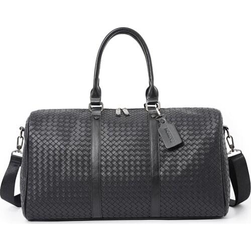 Black Soft Leather Woven Travel Duffel Bag Large Capacity Boarding Gym Fitness Handbag Men Portable Bags Weekend Duffle Bag