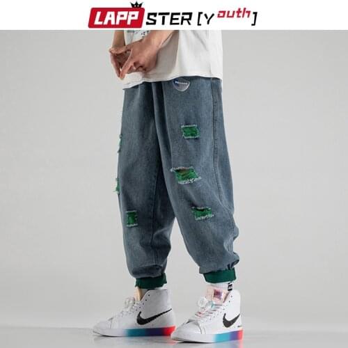 LAPPSTER-Youth Men Vintage Korean Streetwear Ripped Jeans 2021 Mens Spring Patchwork Denim Cargo Pants Male Harajuku Joggers 5XL