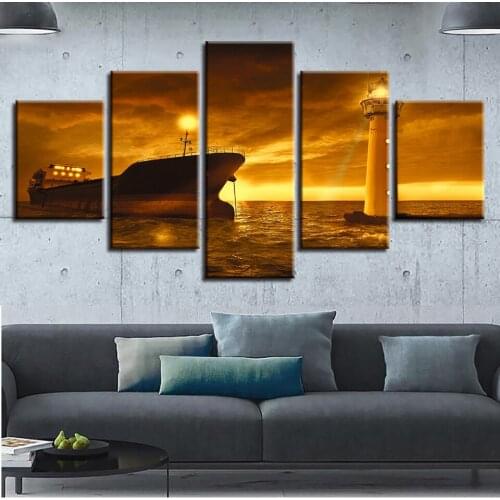 Living Room Wall Art Decor Modular Canvas Pictures 5 Pieces Ships Lighthouse And Golden Sky Scenery Paintings Printing HD Framed