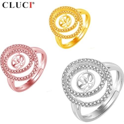 CLUCI 925 Sterling Silver Adjustable Big Pearl Ring Mounting Luxury Zircon Ring For Women Femme Wedding Rings Jewelry SR2128SB