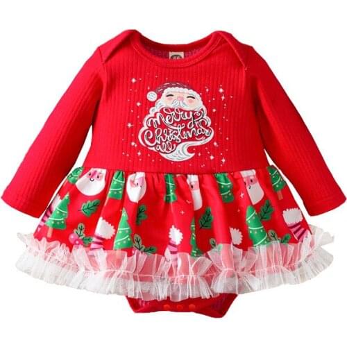 Baby Girls Christmas Printed Bodysuits Romper Long Sleeve Ruffled Lace Skirt Hem and Snap Button Crotch Baby Clothes 2020