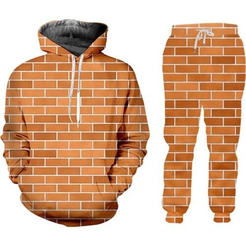 IFPD 2 PCS Set Red Brick Wall Print Soprts Hoodies Pants Women/Men Brick Splicing Sweatshirts Plus Size Tracksuit Couple Outfit