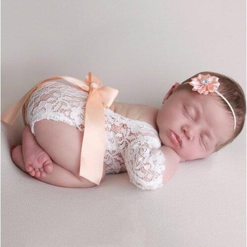 Newborn Baby Girl Lace Floral Jumpsuit Lace Dress Photo Props Clothes Suit With Hairband Bow Hairband
