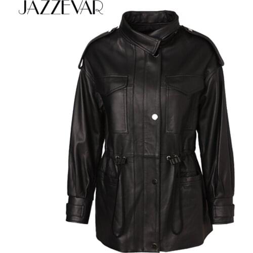 JAZZEVAR 2021 New High Fashion Women Real Sheep Skin Leather Jacket Genuine Leather Casual outerwear safari style Trench coat