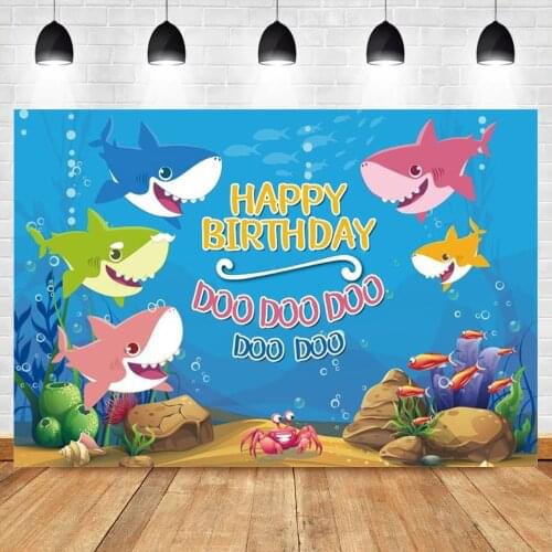Laeacco Cartoon Shark Photo Backgrounds Birthday Party Water Grass Fishes Baby Shower Personalized Poster Photographic Backdrops